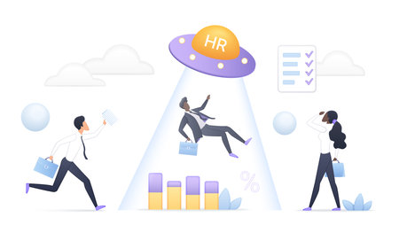 Creative recruitment concept business people UFO beam charts checklist office elements perfect human resources hiring workplace topics isolated white background vector illustration.のイラスト素材