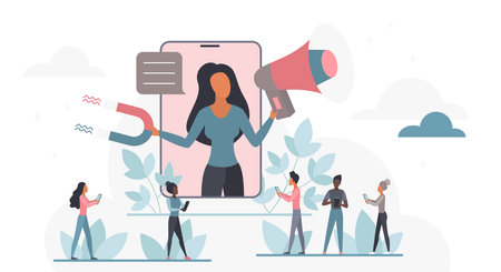 Woman with megaphone and magnet on smartphone screen attracting diverse people using mobile devices, symbolizing digital influence, online communication, and audience growth vector illustrationのイラスト素材