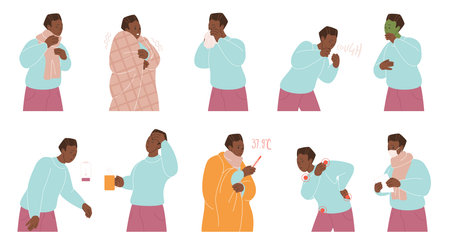 Sick african black man showing cold and flu symptoms like coughing, sneezing, fever, headache, sore throat, tiredness, and chills, isolated on white background vector illustrationのイラスト素材