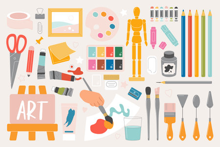 Creative art tools, painting supplies, brushes, pencils, palettes, mannequin hand, and stationery arranged for artists and hobbyists, colorful and detailed vector illustrationのイラスト素材