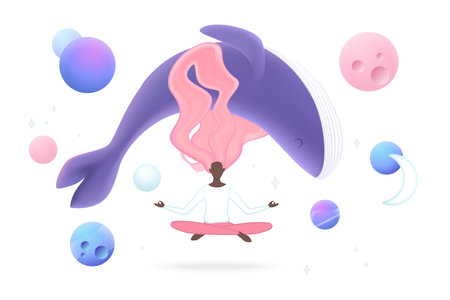 Calm meditating person floating with pink hair, surrounded by a giant whale, colorful planets, and cosmic elements, symbolizing peace, imagination, and mindfulness vector illustrationのイラスト素材