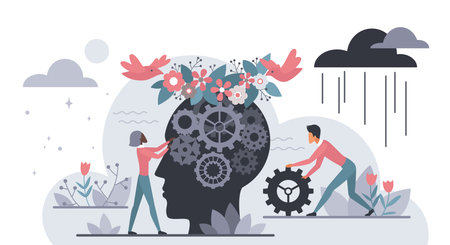 Mental health awareness concept with people helping mind, gears, flowers, birds, and rain cloud symbolizing emotional support, therapy, and positive thinking isolated vector illustrationのイラスト素材