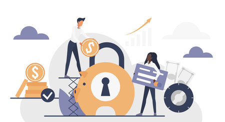 Business people saving money in a secure piggy bank with lock symbol, financial growth, planning, and investment concept, modern flat style isolated on white background vector illustrationのイラスト素材