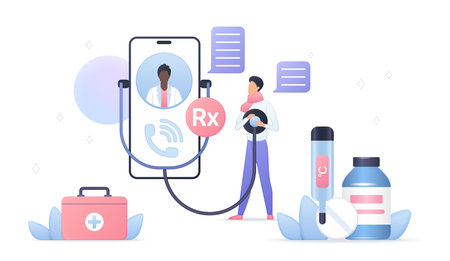 Telemedicine doctor consultation with patient, digital prescription, medication, healthcare chat, and medical kit for remote health support isolated on white background vector illustrationのイラスト素材