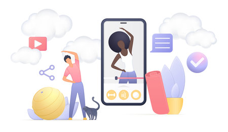 Home workout with online yoga class, fitness mat, exercise ball, mobile phone, and digital elements for healthy lifestyle and virtual training isolated on white background vector illustrationのイラスト素材