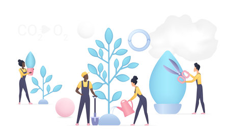 Teamwork in gardening with people planting, watering, and pruning stylized volumetric plants for environmental care, growth, and sustainability isolated on white background vector illustrationのイラスト素材