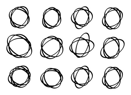 Collection of twelve abstract hand drawn doodle circles, perfect for creative design, sketch frames, or highlight accents, isolated on white background vector illustrationのイラスト素材