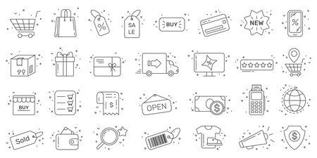 Hand drawn e-commerce shopping doodle icons including cart, bag, sale, delivery, payment, and online store elements, ideal for digital commerce projects, isolated white background vector illustrationのイラスト素材