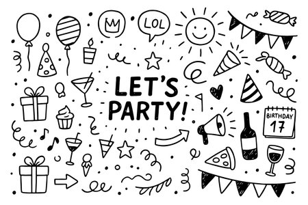 Fun party doodle set with balloons, gifts, hats, confetti, food, drinks, and festive icons for invitations, flyers, or posters isolated on white background vector illustrationのイラスト素材