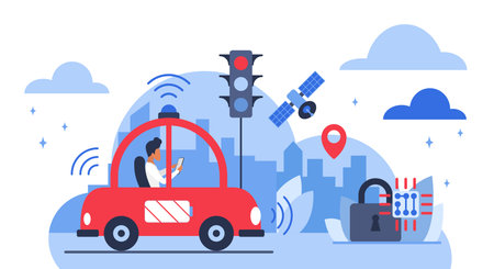 Autonomous vehicle using cloud computing, GPS, and AI for navigation, security, and connectivity in smart city environment isolated on white background vector illustrationのイラスト素材