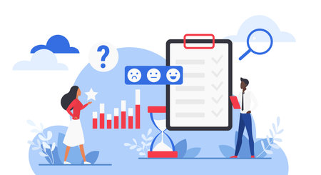 Business people analyzing survey results with checklist, rating scale, bar chart, and magnifying glass for feedback, research, and satisfaction evaluation vector illustrationのイラスト素材
