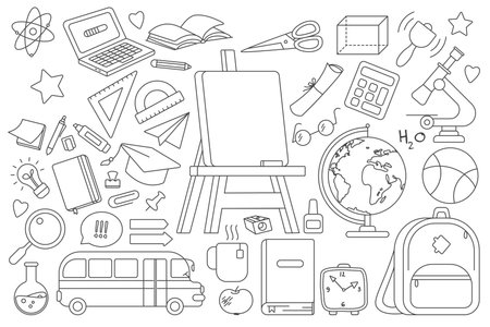 Hand drawn doodle set of school supplies, science tools, books, and classroom objects for back to school themes, isolated on white background vector illustrationのイラスト素材