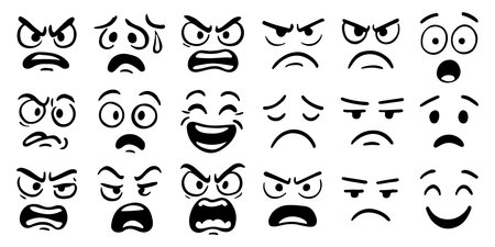 Various cartoon face expressions including happy, sad, angry, and surprised emotions, ideal for mood, emoji, or character design concepts, isolated on white background vector illustrationのイラスト素材
