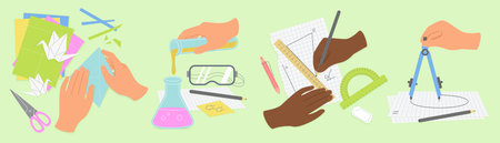 Hands performing origami, chemistry experiments, drawing geometric shapes, and using math tools on green background, representing creative and educational classroom tasks vector illustrationのイラスト素材