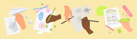 Diverse hands and feet sketching, drawing, and writing on paper with pens, pencils, and markers, surrounded by stationery on a yellow background vector illustrationのイラスト素材