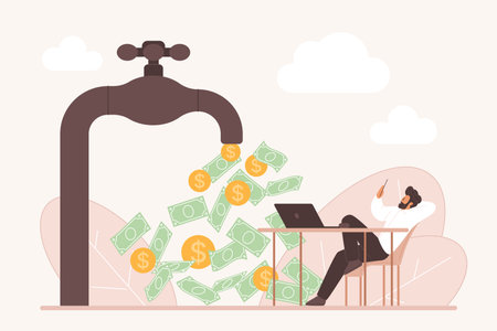 Businessman relaxing as cash and coins flow from a large faucet, symbolizing effortless passive income and financial freedom, modern business concept vector illustrationのイラスト素材