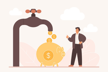 Man stands by piggy bank as coins flow from faucet, representing passive income, financial growth, and wealth accumulation, ideal for investment and savings themes vector illustrationのイラスト素材