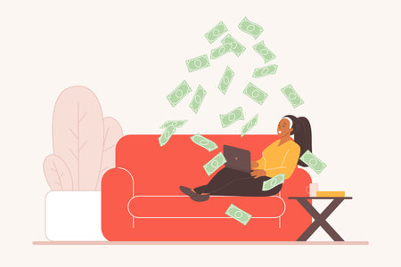 Smiling woman relaxing on sofa with laptop as money falls around her, representing passive income investment and financial freedom concept, vector illustrationのイラスト素材