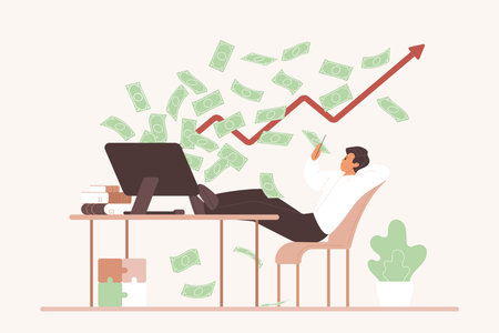Man relaxing at desk with computer as money and upward graph symbolize passive income, financial growth, and successful investment strategy, vector illustrationのイラスト素材