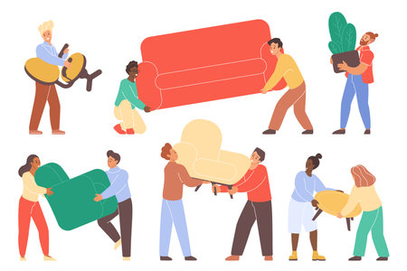 Group of diverse people carrying sofa, armchair, table, and plant, working together during relocation or moving day, teamwork and cooperation concept, isolated on white background vector illustrationのイラスト素材
