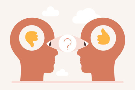 Two human heads face each other, one with a thumbs up and the other with a thumbs down, symbolizing contrasting opinions and perspectives, with a question mark between them vector illustrationのイラスト素材