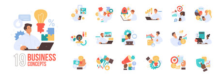 Collection of business concepts in circular icons showing teamwork, planning, management, communication, and office tasks, isolated on white background vector illustrationのイラスト素材