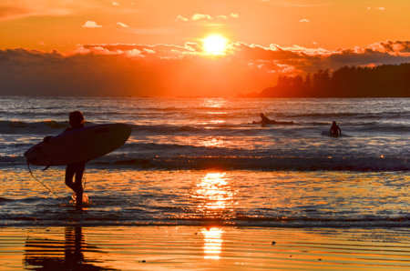 Surfer going home at sunset