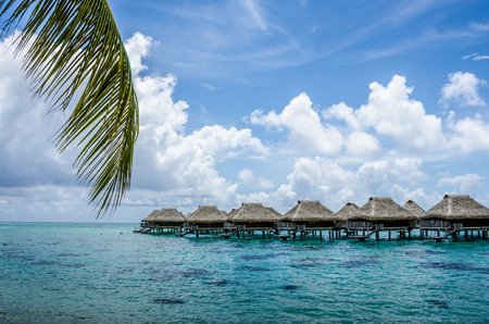Luxury overwater bungalows with view of amazing blue and turquoise colors of the lagoon under a sunny sky のeditorial素材