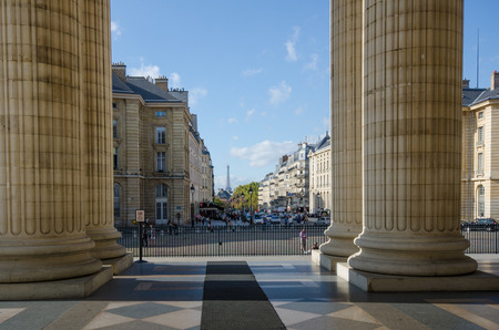 Paris, France, October 19 , 2014 - Looking down Rue Soufflot from the Pantheon with the Eiffel Tower in the distance.のeditorial素材