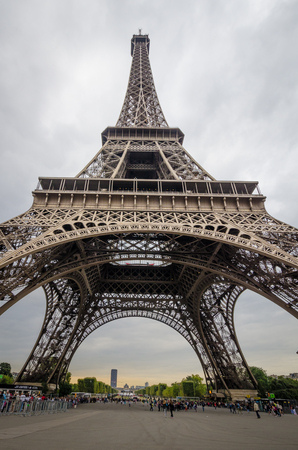 Paris, France August 18, 2015 - View of Eiffel Tower from the bottom with Montparnasse Tower in the distance.のeditorial素材