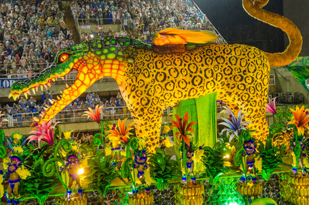 Rio de Janeiro, Brazil, February 26, 2017 â The tropical theme of the Paraiso do Tuiuti Samba School in the carnival parade at the Sambadrome Marques de Sapucai emphasizes the natural paradise of the interior of the country.のeditorial素材