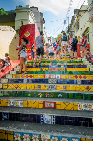 Rio de Janeiro, Brazil, February 26, 2017 â Tourists visit the world-famous Selaron Steps created by Chilean-born artist Jorge SelarÃ³n using more than 2000 tiles collected from over 60 countries.のeditorial素材