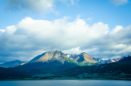 View from a cruise ship of the foot of the Andes mountain range at The End of the World in Argentina.のeditorial素材