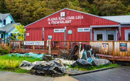 Skagway, Alaska, September 10, 2017 - : The colorful restaurant serves fresh fish to cruise ship passengers visiting this historic town that attracted gold prospectors during the Klondike Gold Rush.のeditorial素材