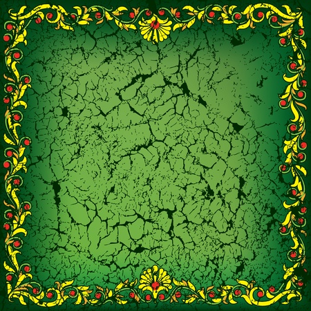 abstract cracked green background with floral ornamentのイラスト素材