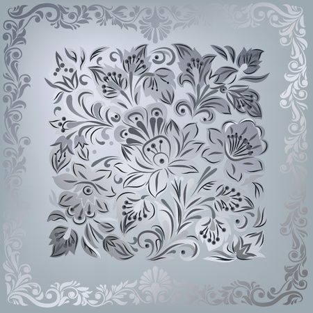 abstract silver floral ornament on grey backgroundのイラスト素材