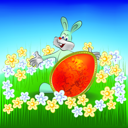 easter background rabbit with egg on grassのイラスト素材