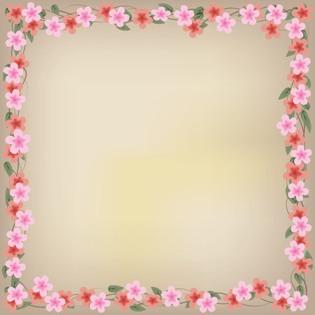 abstract floral illustration with pink flowers on beige backgroundのイラスト素材