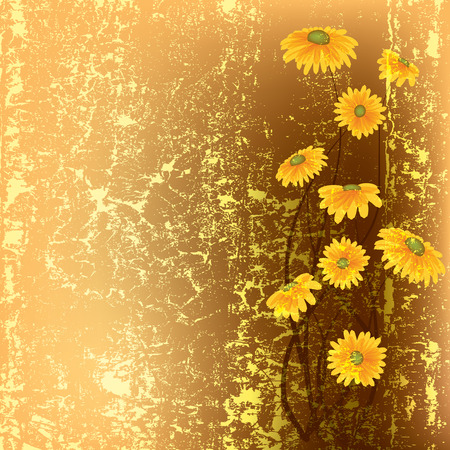 abstract grunge illustration with yellow flowers on brown backgroundのイラスト素材
