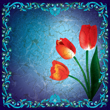 abstract grunge illustration with red tulips on blue backgroundのイラスト素材