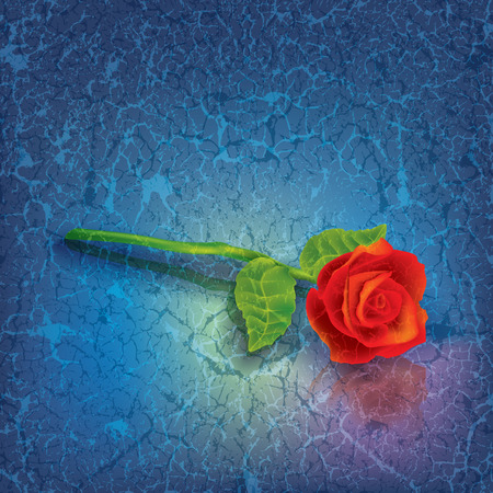 abstract floral illustration with red rose on cracked blue backgroundのイラスト素材