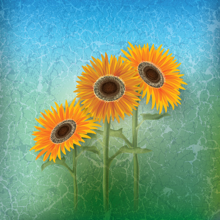 abstract floral illustration with sunflowers on blueのイラスト素材