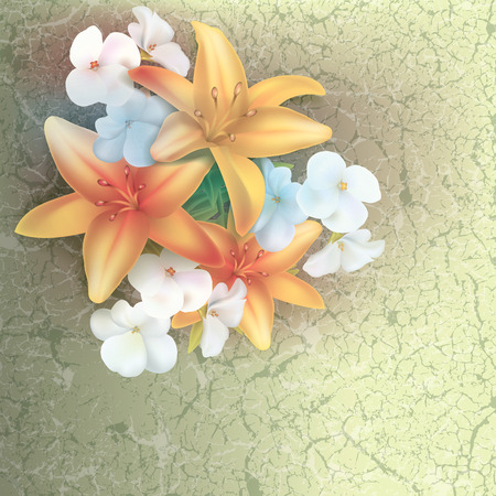 grunge floral illustration with color flowers on beigeのイラスト素材