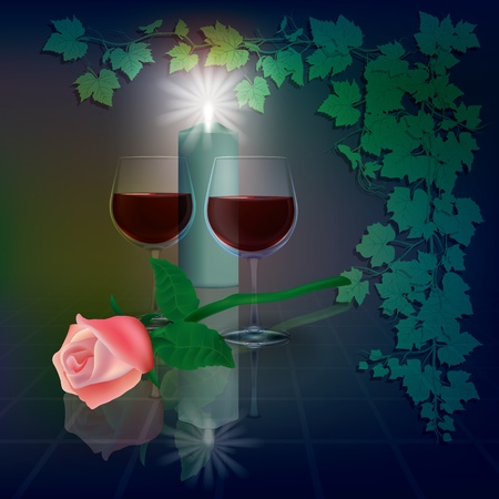 abstract illustration with wineglasses and candle on blueのイラスト素材