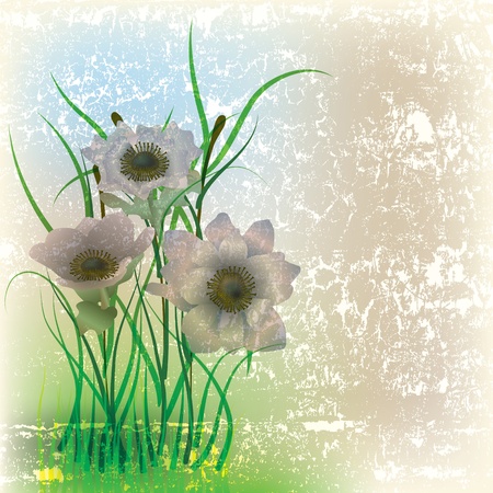 abstract grunge illustration with flowers on cracked beige backgroundのイラスト素材