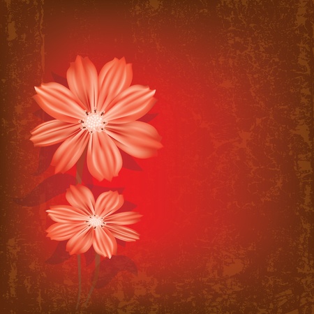 abstract grunge illustration with red flowers on cracked red backgroundのイラスト素材