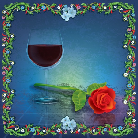 abstract grunge illustration with wine glass and red roseのイラスト素材