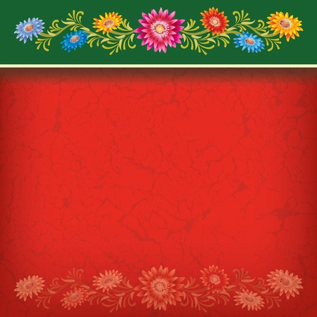 abstract red background with color flowers on greenのイラスト素材