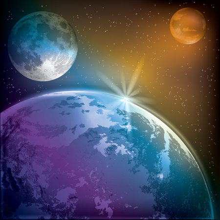 abstract background with earth moon and mars in the spaceのイラスト素材