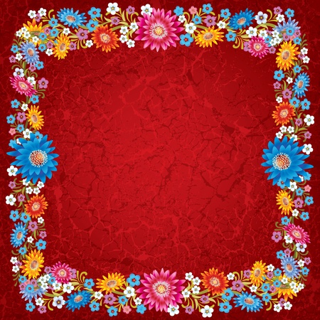 abstract grunge red background with color flowersのイラスト素材